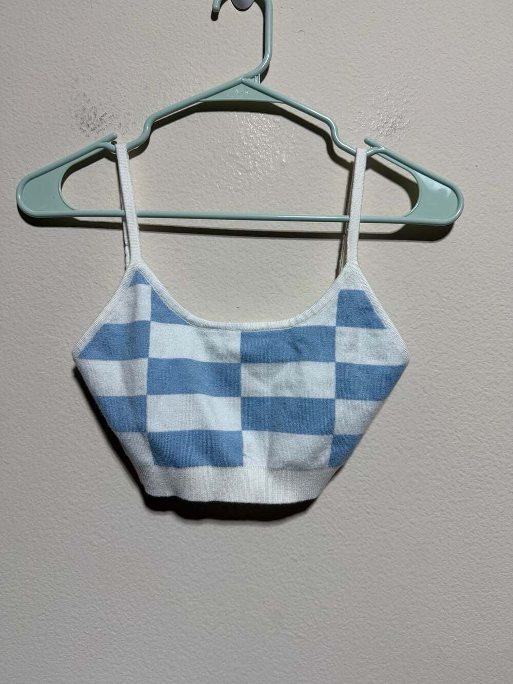 Hey Babe Blue and White Checkered Knit Crop Tank Top